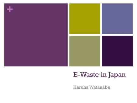 + E-Waste in Japan Haruha Watanabe. + What is E-Waste? E-Waste = Electronic Waste Computers, televisions, VCRs, stereos, copiers, and fax machines etc…