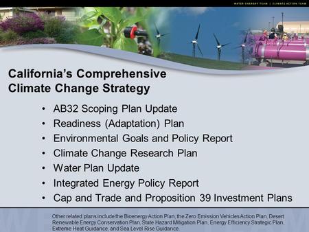 AB32 Scoping Plan Update Readiness (Adaptation) Plan Environmental Goals and Policy Report Climate Change Research Plan Water Plan Update Integrated Energy.