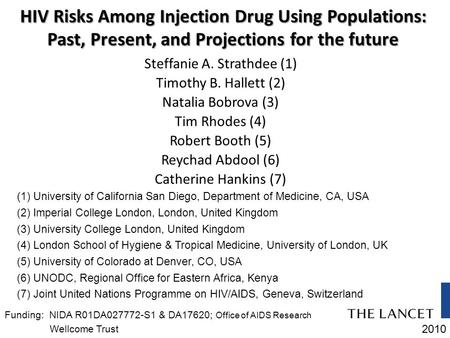 HIV Risks Among Injection Drug Using Populations: Past, Present, and Projections for the future Steffanie A. Strathdee (1) Timothy B. Hallett (2) Natalia.