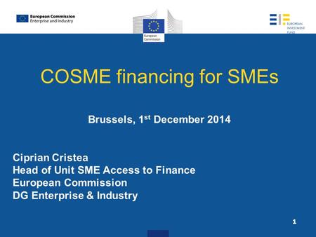 COSME financing for SMEs Brussels, 1 st December 2014 Ciprian Cristea Head of Unit SME Access to Finance European Commission DG Enterprise & Industry 1.