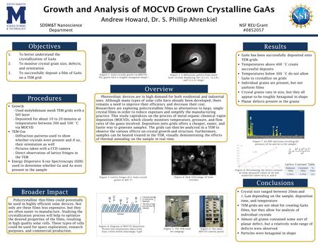 Growth and Analysis of MOCVD Grown Crystalline GaAs Andrew Howard, Dr. S. Phillip Ahrenkiel SDSM&T Nanoscience Department NSF REU Grant #0852057 Objectives.