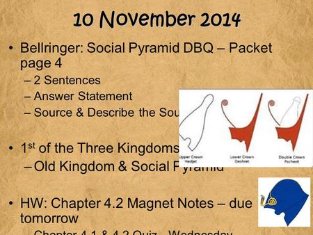 10 November 2014 10 November 2014 Bellringer: Social Pyramid DBQ – Packet page 4 –2 Sentences –Answer Statement –Source & Describe the Source 1 st of the.