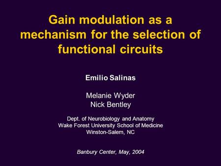 Gain modulation as a mechanism for the selection of functional circuits Emilio Salinas Melanie Wyder Nick Bentley Dept. of Neurobiology and Anatomy Wake.