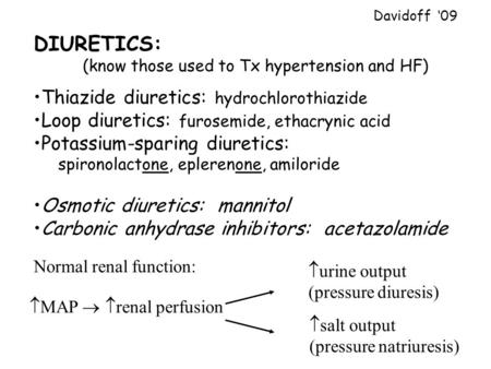 DIURETICS: (know those used to Tx hypertension and HF) Thiazide diuretics: hydrochlorothiazide Loop diuretics: furosemide, ethacrynic acid Potassium-sparing.