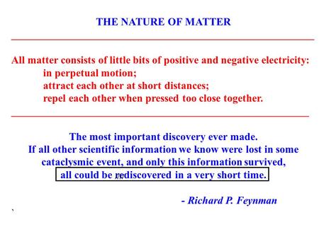 THE NATURE OF MATTER _________________________________________________________ All matter consists of little bits of positive and negative electricity: