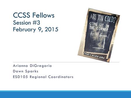 CCSS Fellows Session #3 February 9, 2015 Arianna DiGregorio Dawn Sparks ESD105 Regional Coordinators.