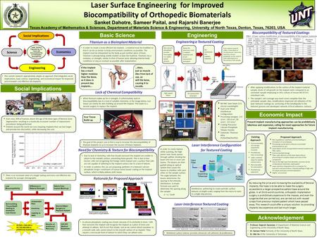 Courtesy: surgery.com Laser Surface Engineering for Improved Biocompatibility of Orthopedic Biomaterials Sanket Dahotre, Sameer Paital, and Rajarshi Banerjee.