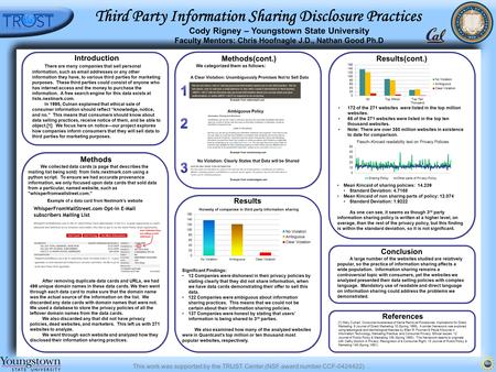 This work was supported by the TRUST Center (NSF award number CCF-0424422) Third Party Information Sharing Disclosure Practices Cody Rigney – Youngstown.