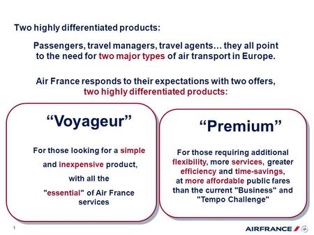 1 Passengers, travel managers, travel agents… they all point to the need for two major types of air transport in Europe. Air France responds to their expectations.