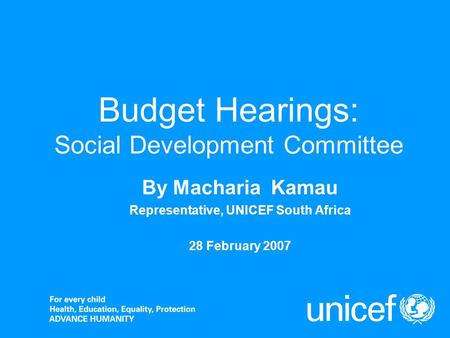 Budget Hearings: Social Development Committee By Macharia Kamau Representative, UNICEF South Africa 28 February 2007.