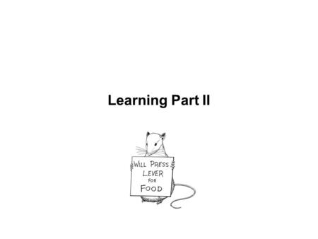 Learning Part II. Overview Habituation Classical conditioning Instrumental/operant conditioning Observational learning.