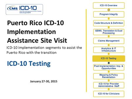 ICD-10 Testing January 27-30, 2015 Puerto Rico ICD-10 Implementation Assistance Site Visit ICD-10 implementation segments to assist the Puerto Rico with.