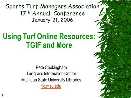 Sports Turf Managers Association 17 th Annual Conference January 21, 2006 Pete Cookingham Turfgrass Information Center Michigan State University Libraries.