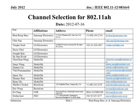 Doc.: IEEE 802.11-12/0816r0 Submission July 2012 Channel Selection for 802.11ah Date: 2012-07-16 Slide 1 Name AffiliationsAddressPhoneemail Huai-Rong Shao.