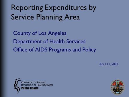 Reporting Expenditures by Service Planning Area County of Los Angeles Department of Health Services Office of AIDS Programs and Policy April 11, 2003.