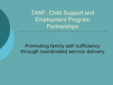 TANF, Child Support and Employment Program Partnerships Promoting family self-sufficiency through coordinated service delivery.