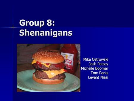 Group 8: Shenanigans Mike Ostrowski Josh Patsey Michelle Boomer Tom Parks Levent Niazi.