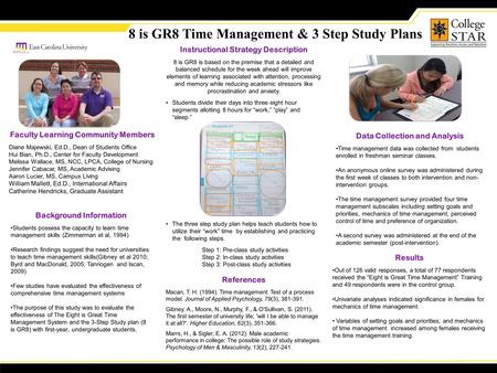 8 is GR8 Time Management & 3 Step Study Plans Background Information Students possess the capacity to learn time management skills (Zimmerman et al, 1994)