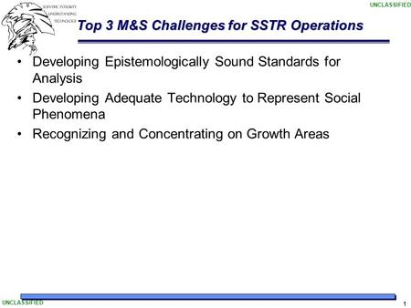 UNCLASSIFIED 1 Top 3 M&S Challenges for SSTR Operations Developing Epistemologically Sound Standards for Analysis Developing Adequate Technology to Represent.