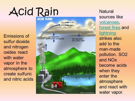 Emissions of sulfur dioxide and nitrogen oxides react with water vapor in the atmosphere to create sulfuric and nitric acids Natural sources like volcanoes,