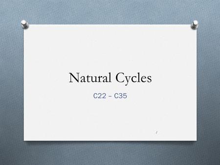Natural Cycles C22 – C35 1. Natural Cycles of the Earth There are 3 important cycles to study in this unit: 1-THE WATER CYCLE 2-THE CARBON CYCLE 3-THE.