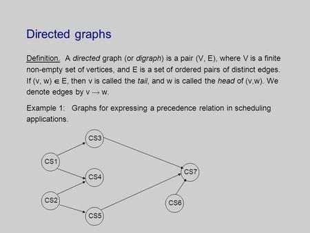 Directed graphs Definition. A directed graph (or digraph) is a pair (V, E), where V is a finite non-empty set of vertices, and E is a set of ordered pairs.