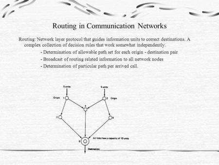 Routing in Communication Networks Routing: Network layer protocol that guides information units to correct destinations. A complex collection of decision.