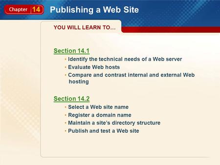 14 Publishing a Web Site Section 14.1 Identify the technical needs of a Web server Evaluate Web hosts Compare and contrast internal and external Web hosting.