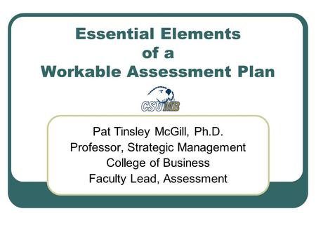 Essential Elements of a Workable Assessment Plan Pat Tinsley McGill, Ph.D. Professor, Strategic Management College of Business Faculty Lead, Assessment.
