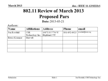 Submission doc.: IEEE 11-13/0333r1 March 2013 Jon Rosdahl, CSR Technology Inc.Slide 1 802.11 Review of March 2013 Proposed Pars Date: 2013-03-21 Authors:
