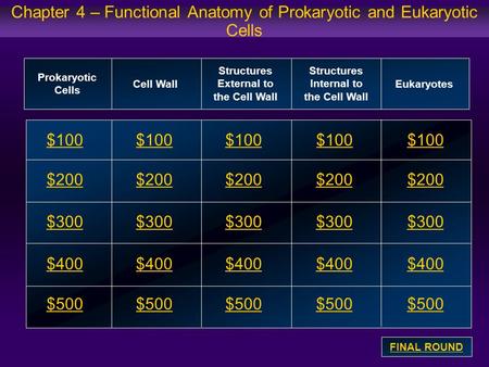 Chapter 4 – Functional Anatomy of Prokaryotic and Eukaryotic Cells $100 $200 $300 $400 $500 $100$100$100 $200 $300 $400 $500 Prokaryotic Cells Cell Wall.