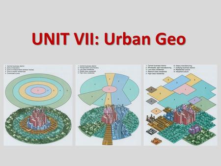 UNIT VII: Urban Geo. Central places: service centers for local hinterlands Transportation centers: break-of-bulk functions Specialized-function cities: