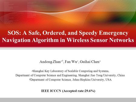 SOS: A Safe, Ordered, and Speedy Emergency Navigation Algorithm in Wireless Sensor Networks Andong Zhan ∗ †, Fan Wu ∗, Guihai Chen ∗ ∗ Shanghai Key Laboratory.