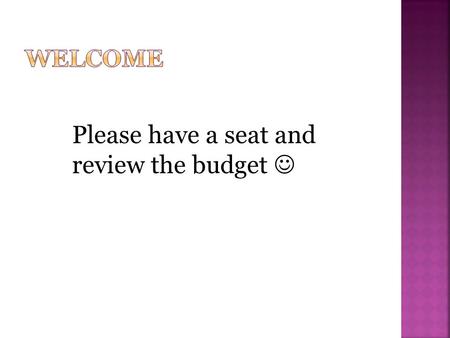 Please have a seat and review the budget.  BEST Mission and Vision: Believe Engage Succeed Together  Norms For everyone at BES: 1. Take it to the.