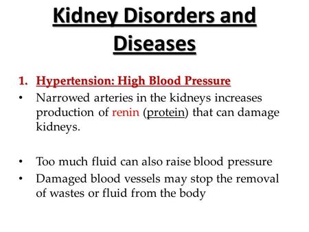 Kidney Disorders and Diseases 1.Hypertension: High Blood Pressure Narrowed arteries in the kidneys increases production of renin (protein) that can damage.