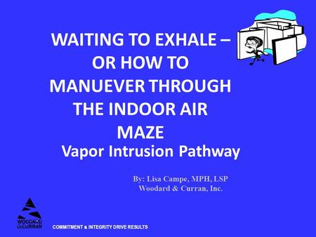 COMMITMENT & INTEGRITY DRIVE RESULTS WAITING TO EXHALE – OR HOW TO MANUEVER THROUGH THE INDOOR AIR MAZE Vapor Intrusion Pathway By: Lisa Campe, MPH, LSP.