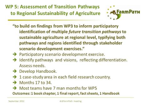 WP 5: Assessment of Transition Pathways to Regional Sustainability of Agriculture “to build on findings from WP3 to inform participatory identification.