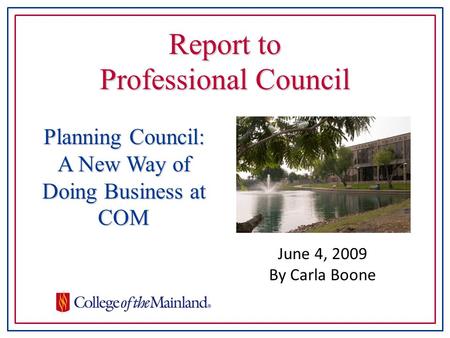 Report to Professional Council June 4, 2009 By Carla Boone Planning Council: A New Way of Doing Business at COM.