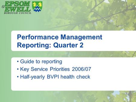 Performance Management Reporting: Quarter 2 Guide to reporting Key Service Priorities 2006/07 Half-yearly BVPI health check.