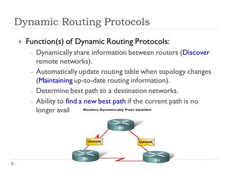 Dynamic Routing Protocols  Function(s) of Dynamic Routing Protocols: – Dynamically share information between routers (Discover remote networks). – Automatically.