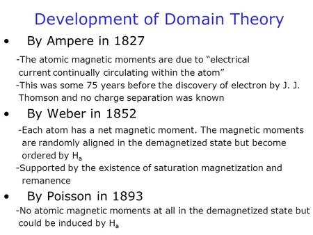 Development of Domain Theory By Ampere in 1827 -The atomic magnetic moments are due to “electrical current continually circulating within the atom” -This.