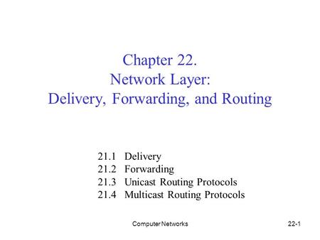 Computer Networks22-1 Chapter 22. Network Layer: Delivery, Forwarding, and Routing 21.1 Delivery 21.2 Forwarding 21.3 Unicast Routing Protocols 21.4 Multicast.