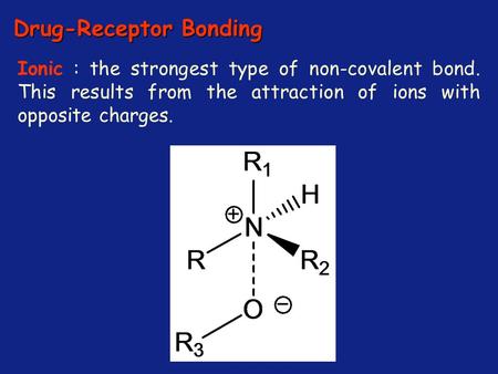 Drug-Receptor Bonding Ionic : the strongest type of non-covalent bond. This results from the attraction of ions with opposite charges.