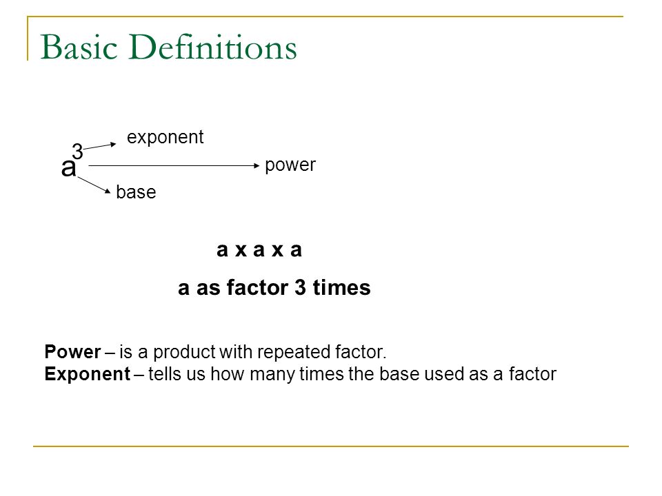 Basic Definitions A 3 A X A X A A As Factor 3 Times Exponent Power Ppt Video Online Download Basic Definitions A 3 A X A X A A As Factor 3 Times Exponent Power Ppt Video Online Download
