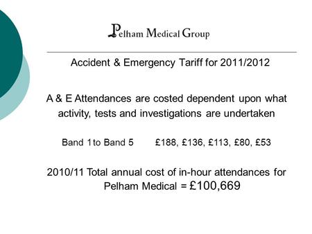 Accident & Emergency Tariff for 2011/2012 A & E Attendances are costed dependent upon what activity, tests and investigations are undertaken Band 1to Band.
