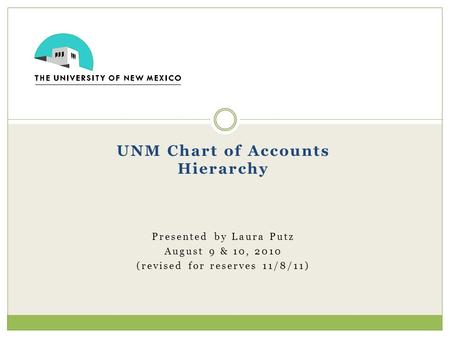 UNM Chart of Accounts Hierarchy Presented by Laura Putz August 9 & 10, 2010 (revised for reserves 11/8/11)
