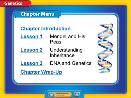 Chapter Menu Chapter Introduction Lesson 1Lesson 1Mendel and His Peas Lesson 2Lesson 2Understanding Inheritance Lesson 3Lesson 3DNA and Genetics Chapter.