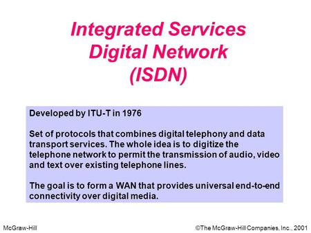 McGraw-Hill©The McGraw-Hill Companies, Inc., 2001 Integrated Services Digital Network (ISDN) Developed by ITU-T in 1976 Set of protocols that combines.