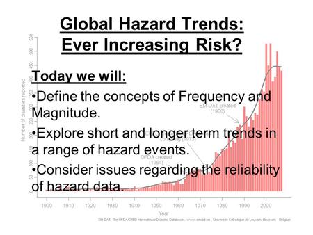 Global Hazard Trends: Ever Increasing Risk? Today we will: Define the concepts of Frequency and Magnitude. Explore short and longer term trends in a range.