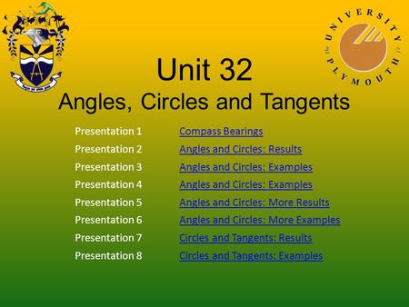 Unit 32 Angles, Circles and Tangents Presentation 1Compass Bearings Presentation 2Angles and Circles: Results Presentation 3Angles and Circles: Examples.